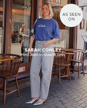 Sarah Conley Wearing Miro Barrel Leg Jean in Quartz Grey