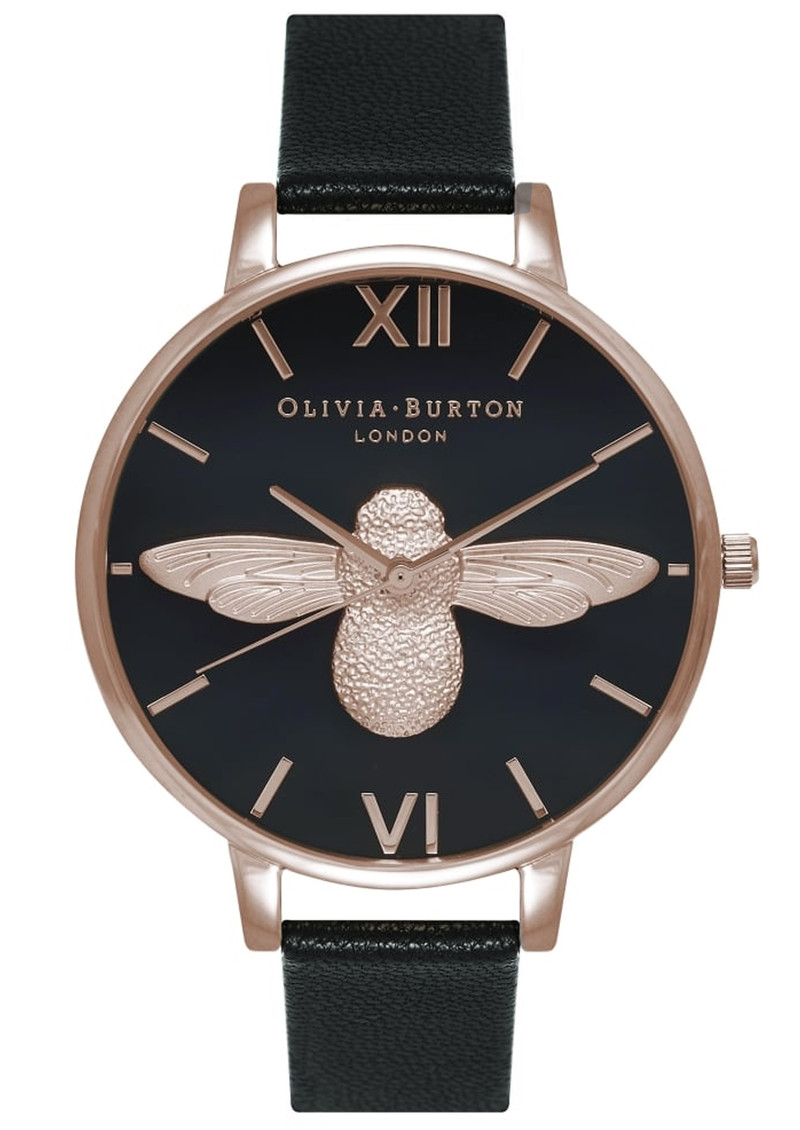 Olivia Burton Moulded Bee Black Dial Watch - Black & Rose Gold