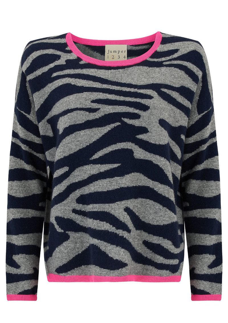 JUMPER 1234 Tipped Tiger Crew Grey, Navy & Neon Pink