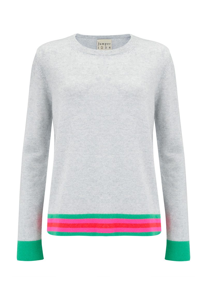 JUMPER 1234 Striped Boxy Crew Cashmere Jumper - Grey, Green & Pink