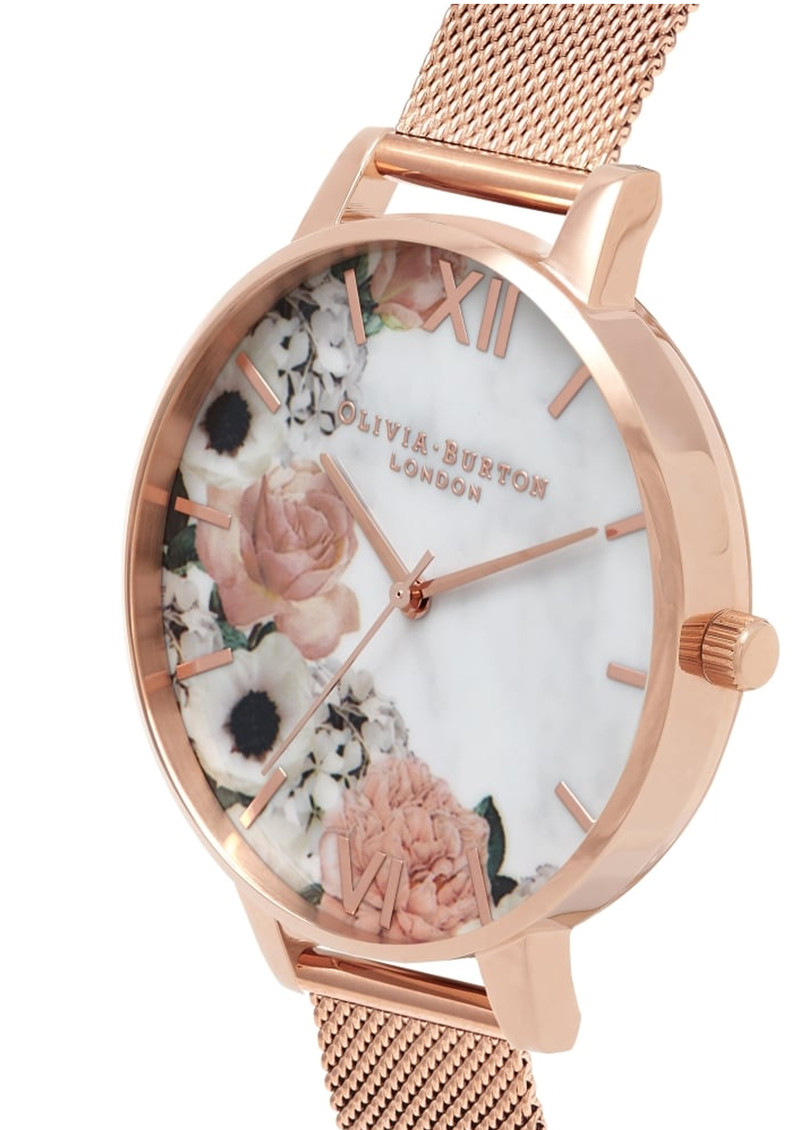 Olivia Burton Marble Florals Big Dial Mesh Watch Rose Gold