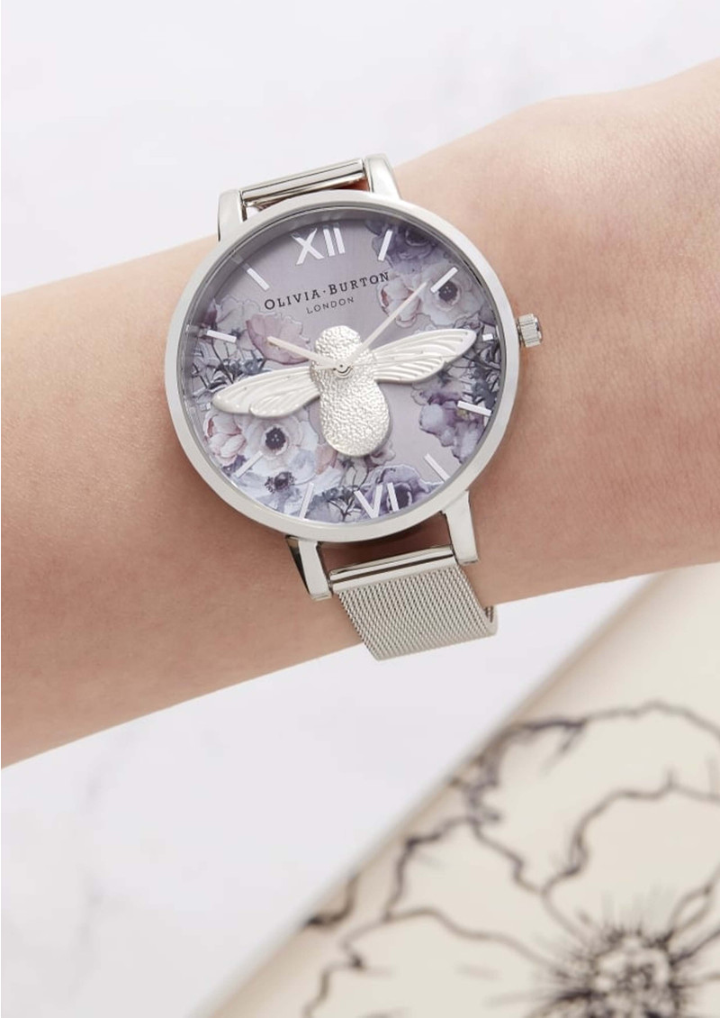 Olivia Burton Watercolour Florals Big Dial Mesh Watch Silver
