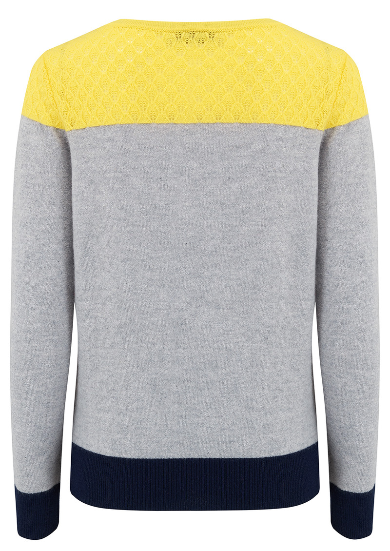 COCOA CASHMERE Lace Yoke Crew Jumper Grey, Navy & Canary
