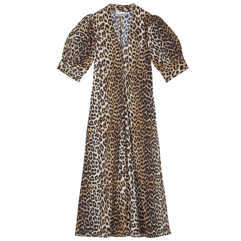 Ganni Women's V Neck Long Dress - Leopard