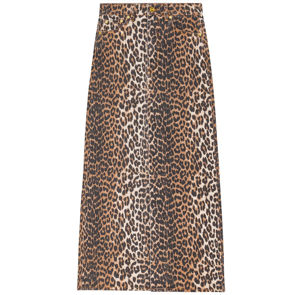 GANNI Denim Maxi Slit Skirt - Leopard