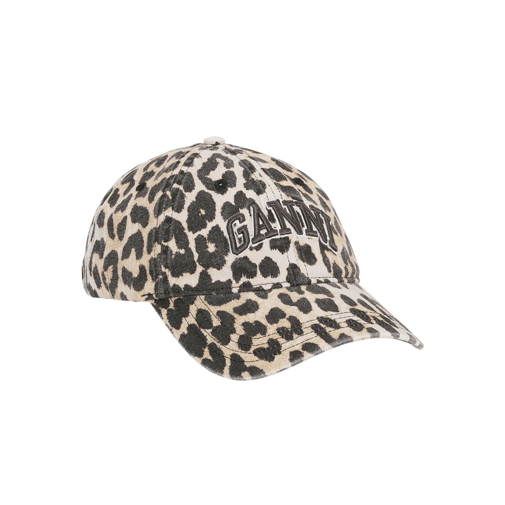 Ganni Women's Black Organic Cotton Canvas Cap - Leopard