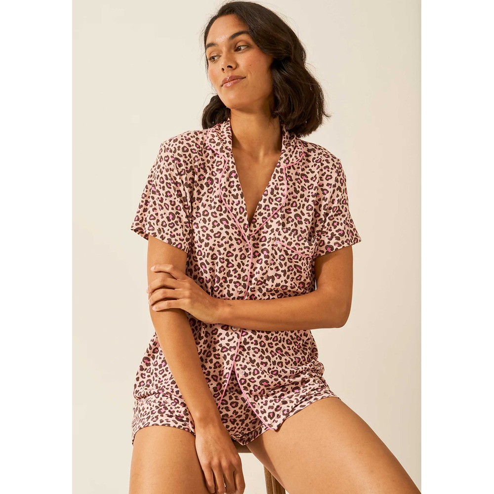 Stripe & Stare Women's Pink/Cream Bedshort Pyjama Set - Liquorice Leopard