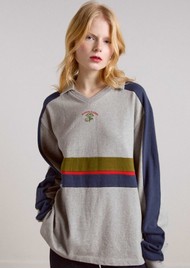 DAMSON MADDER Verity Organic Cotton V-neck Rugby Top - Placement Stripe Grey