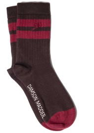 DAMSON MADDER Sporty Organic Cotton Calf Length Socks - Chocolate/Burgundy Stripe