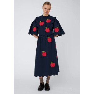 Organic Cotton Embroidered Midi Dress - Navy