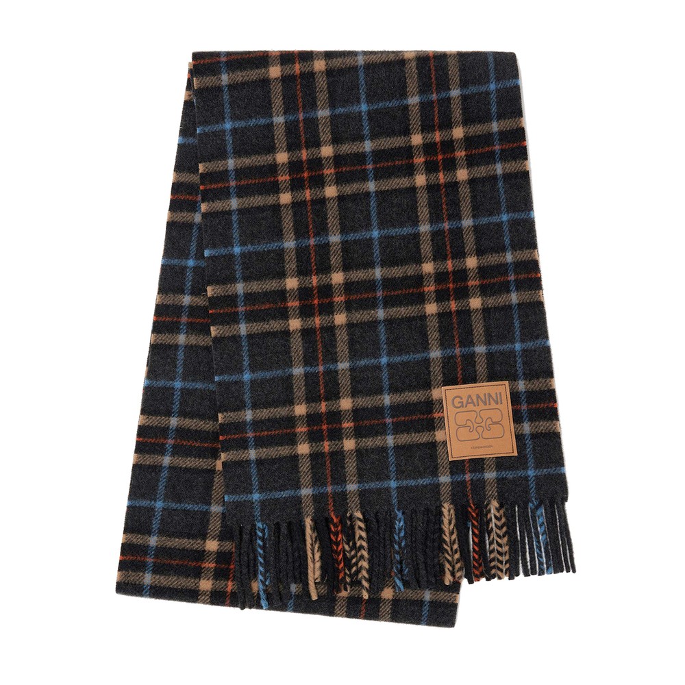 Ganni Women's Double Face Wool Check Scarf - Charcoal