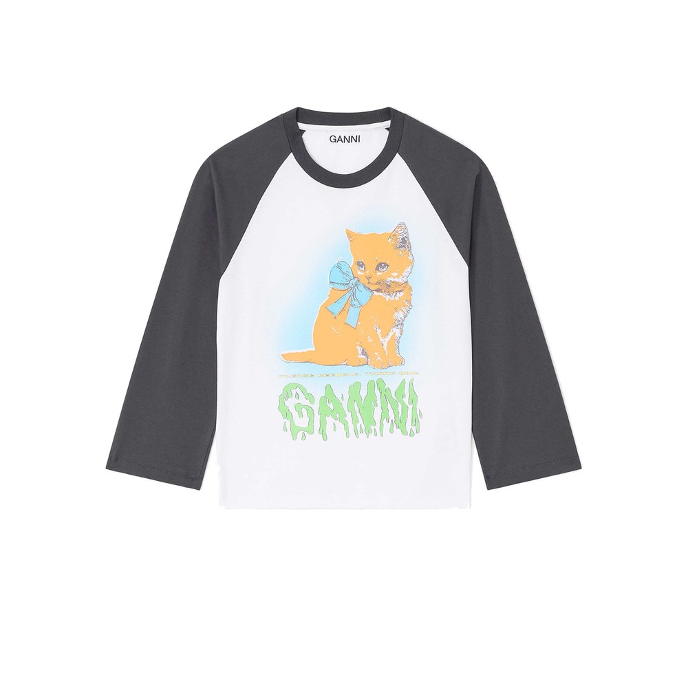 Ganni Women's White Kitty Baby Fitted Organic Cotton Long Sleeve T-Shirt - Bright