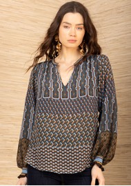 Hale Bob Geometric Print Silk Blouse - Teal and Brown
