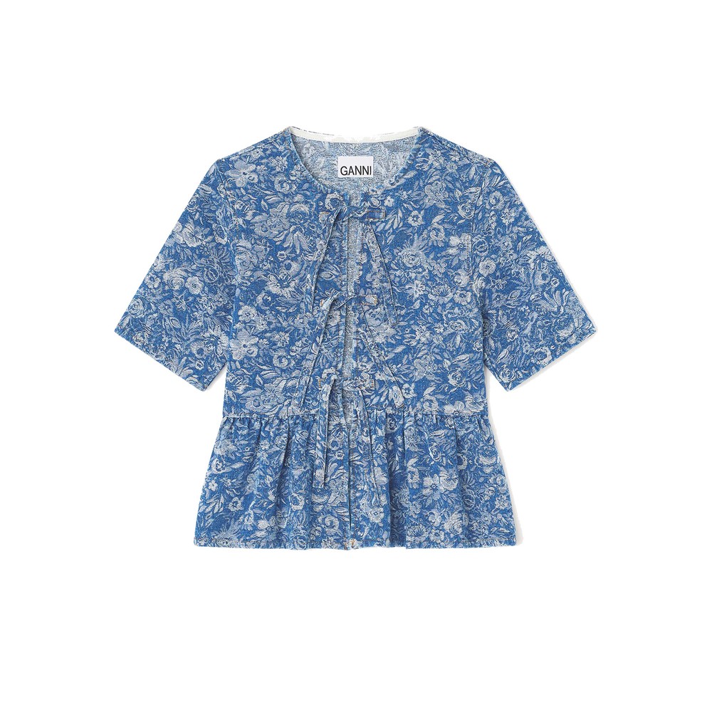 Ganni Women's Blue Tapestry Organic Cotton Denim Peplum Top - Stone