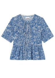 GANNI Tapestry Organic Cotton Denim Peplum Top - Blue Stone