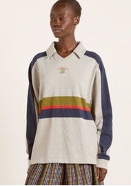 DAMSON MADDER Verity Organic Cotton V-neck Rugby Top - Placement Stripe Grey