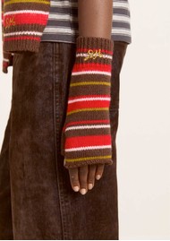 DAMSON MADDER Fingerless Wool Mittens - Chocolate / Multi Stripe
