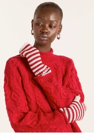 DAMSON MADDER Stripe Fingerless Wool Mittens - Red / Burgundy Stripe