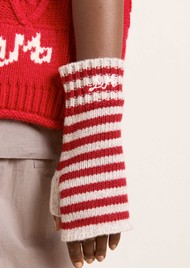 DAMSON MADDER Stripe Fingerless Wool Mittens - Red / Burgundy Stripe