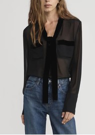 Frame Denim Velvet Trim Silk Tie Blouse - Black
