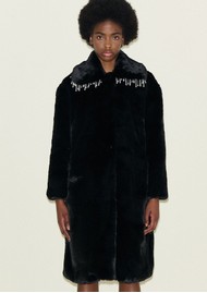 SAMDI Celeste Faux Fur Pearl Detail Coat - Black