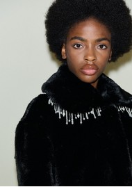 SAMDI Celeste Faux Fur Pearl Detail Coat - Black