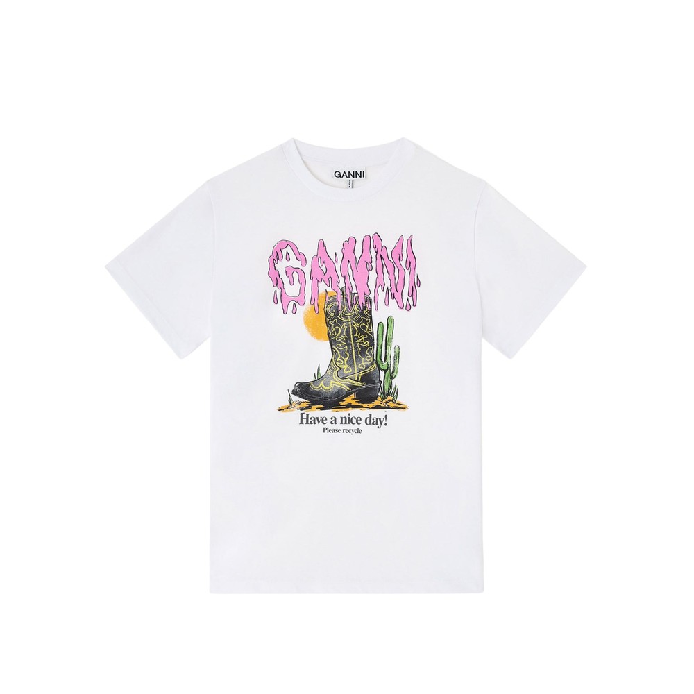 Ganni Women's White Cowboy Boots Organic Cotton T-Shirt - Bright