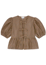 GANNI Taffeta Check Peplum Blouse - Tobacco