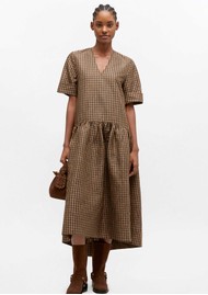 GANNI Crinkled Taffeta Check Dress - Tobacco