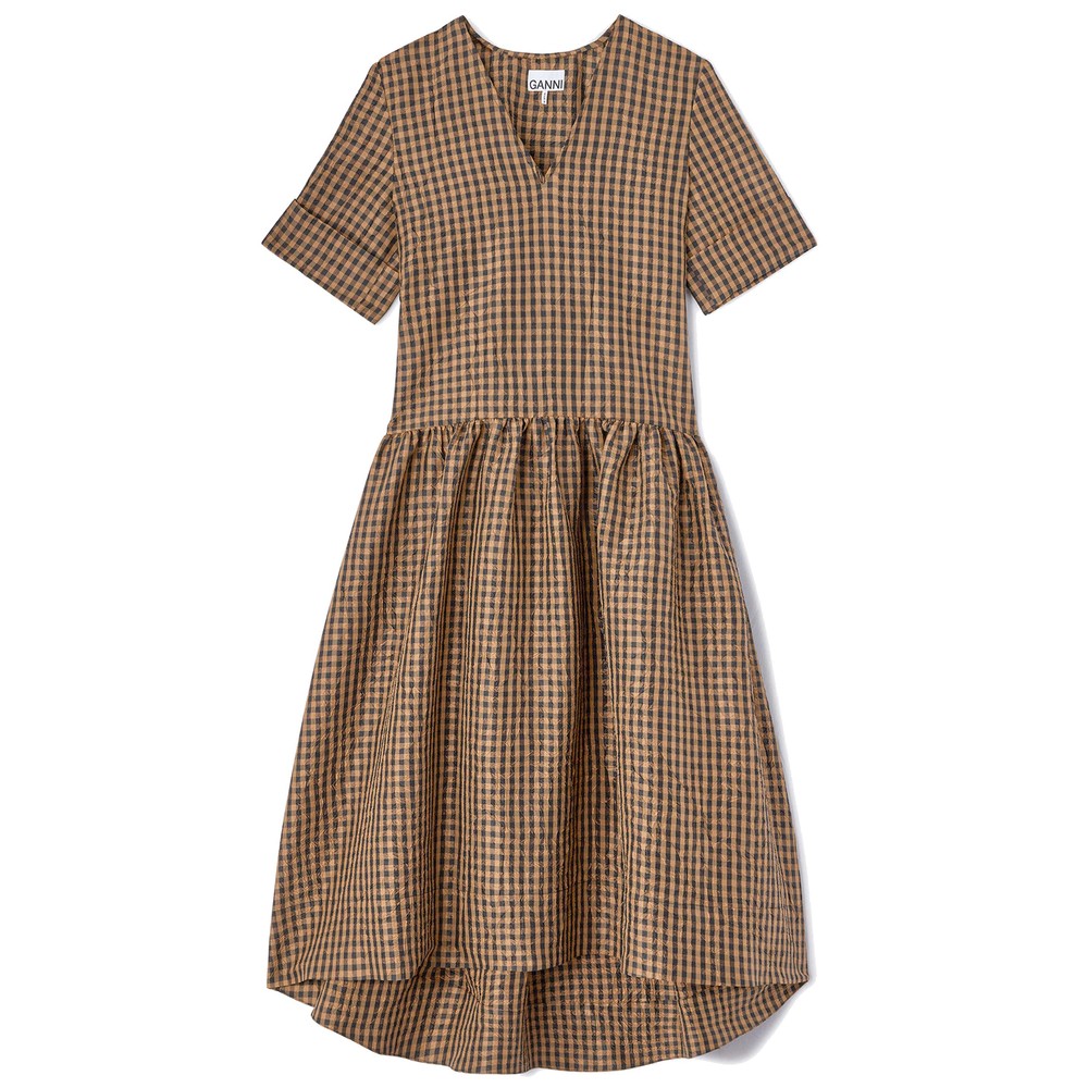 Ganni Women's Crinkled Taffeta Check Dress - Tobacco