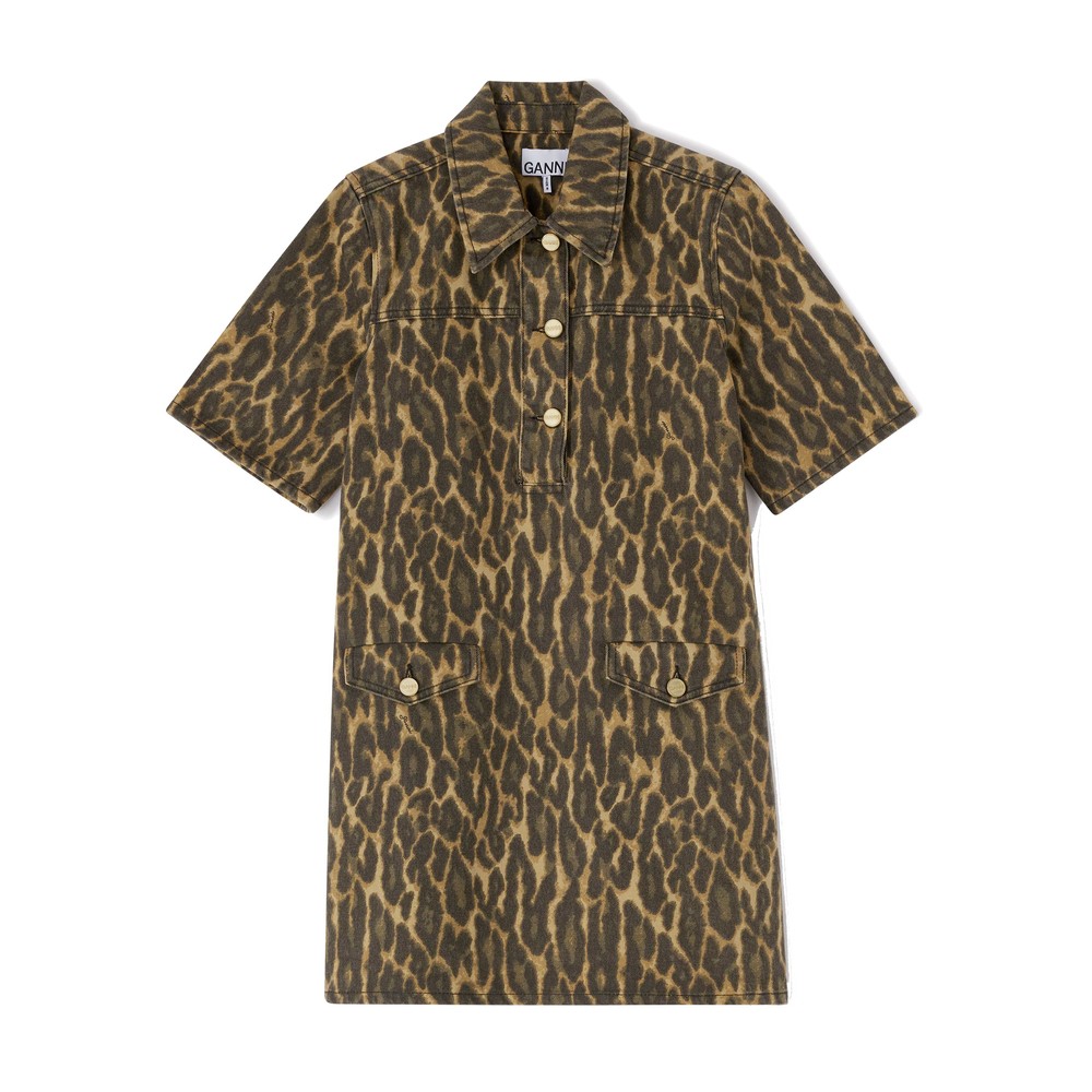 Ganni Women's Gold Print Denim Mini Dress - Khaki