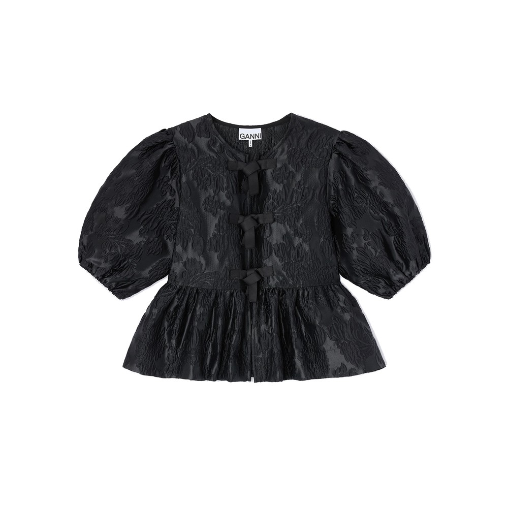 Ganni Women's Black Satin Cloque Peplum Blouse