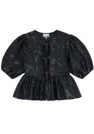 GANNI Satin Cloque Peplum Blouse - Black
