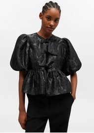 GANNI Satin Cloque Peplum Blouse - Black
