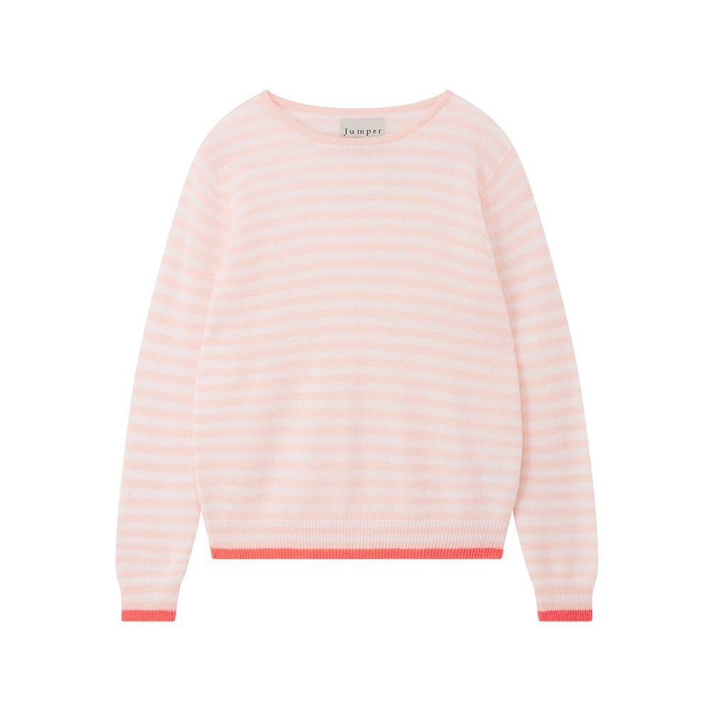 Jumper 1234 Women's Tipped Stripe Cashmere Crew Jumper - Lily/Cerise