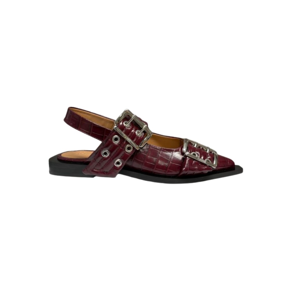 Ganni Women's Burgundy Buckle Ballerina Croco Pelinova