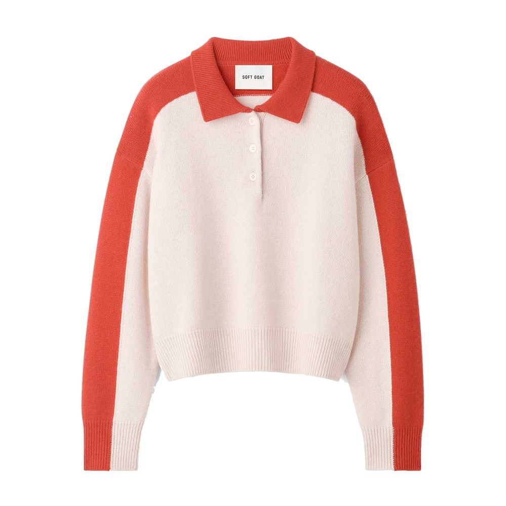 Soft Goat Women's Pink/Red Colour Block Cashmere Polo Shirt - Powder