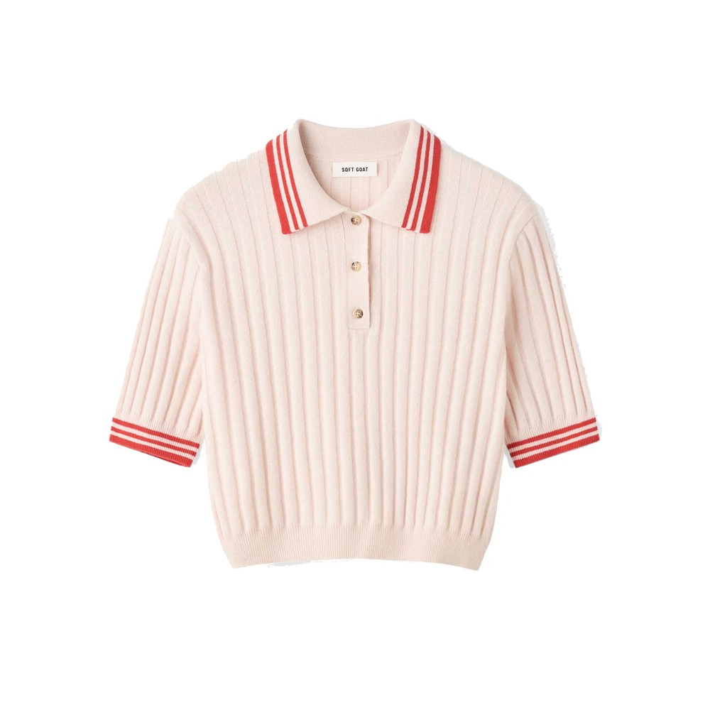 Soft Goat Women's Pink/Red Striped Pique Cashmere Polo Top - Powder