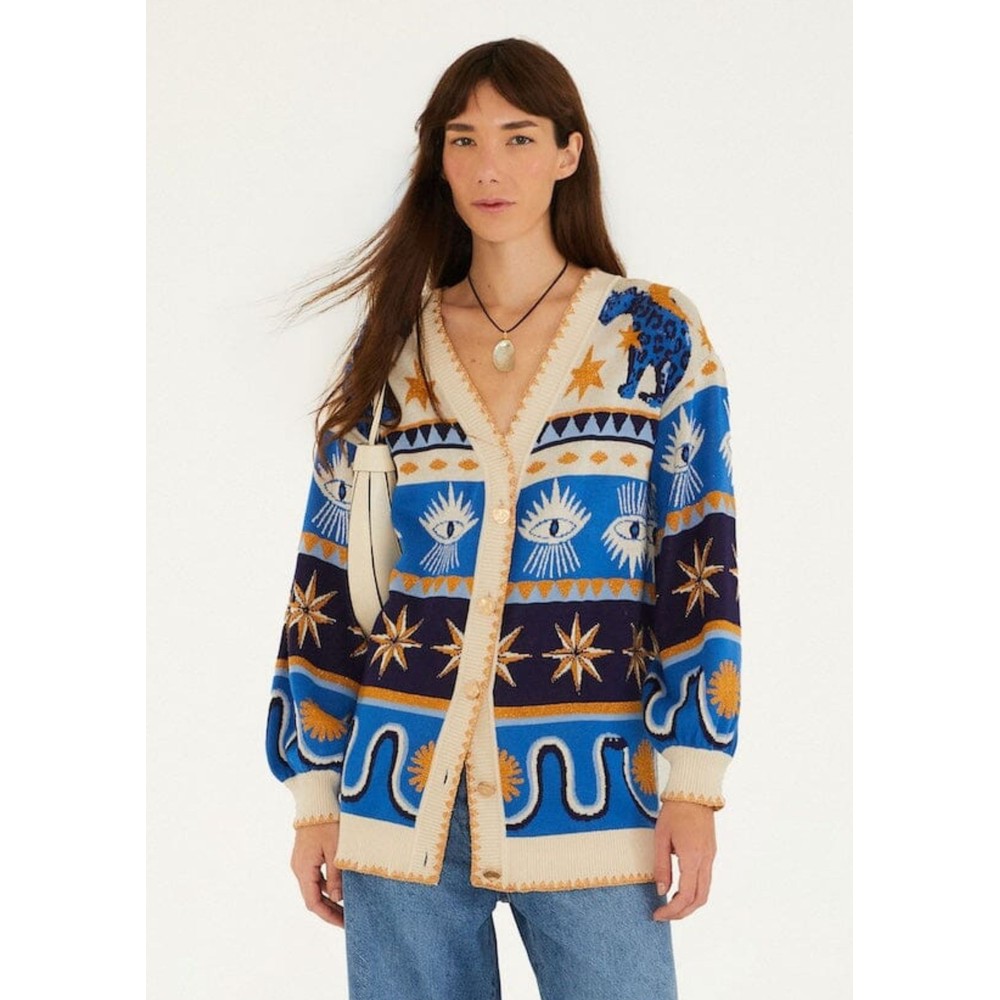 Farm Rio Women's Blue Ainika Knit Intarsia Cardigan - Mystical