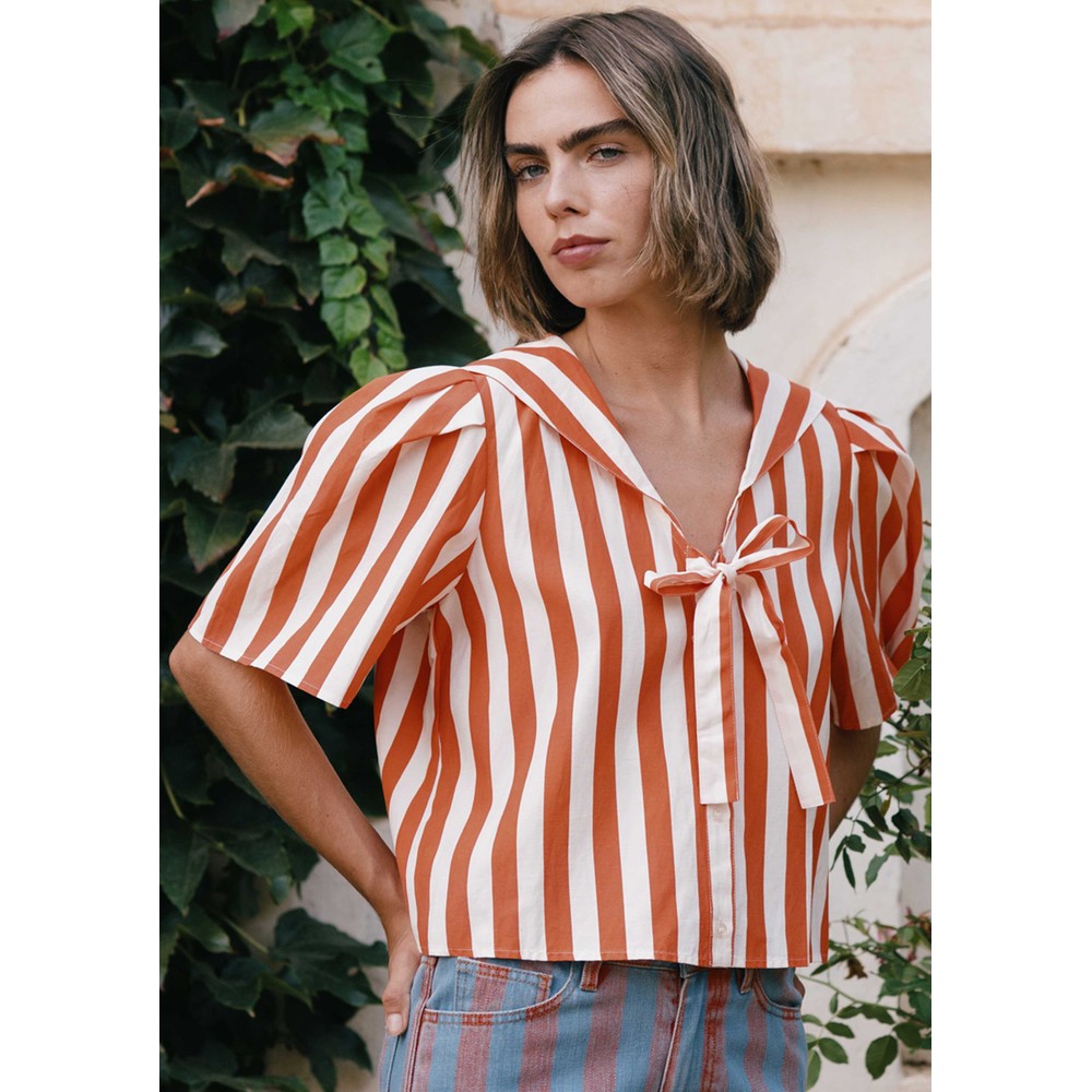 The Tiny Big Sister Women's Red Striped Sailor Neck Cotton Blouse - Summer