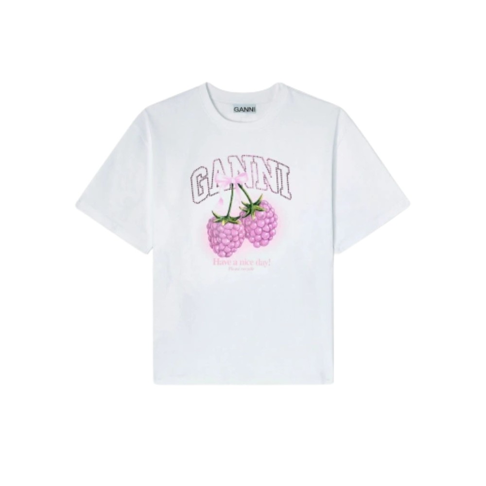 Ganni Women's White Heavy Cotton Jersey Raspberry T-Shirt - Bright