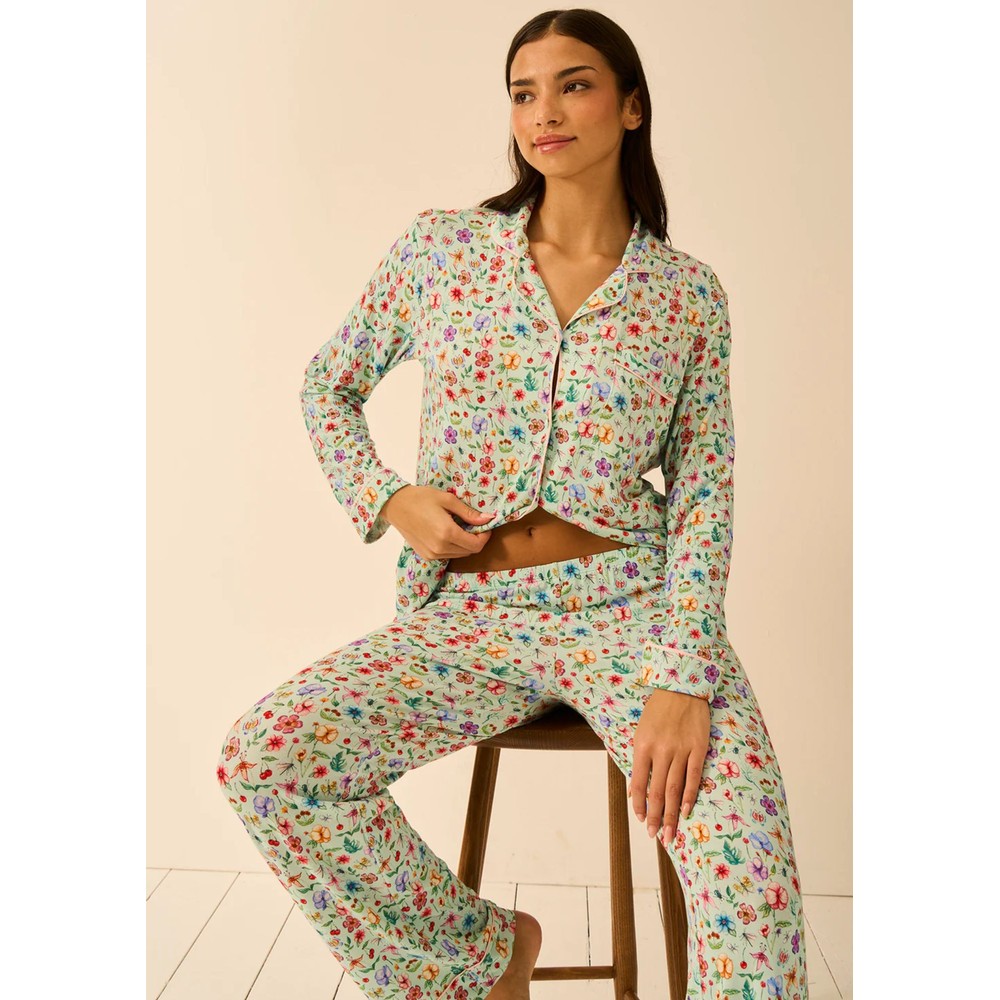 Stripe & Stare Women's Cream Long Pj Set - Ethereal Wildflowers