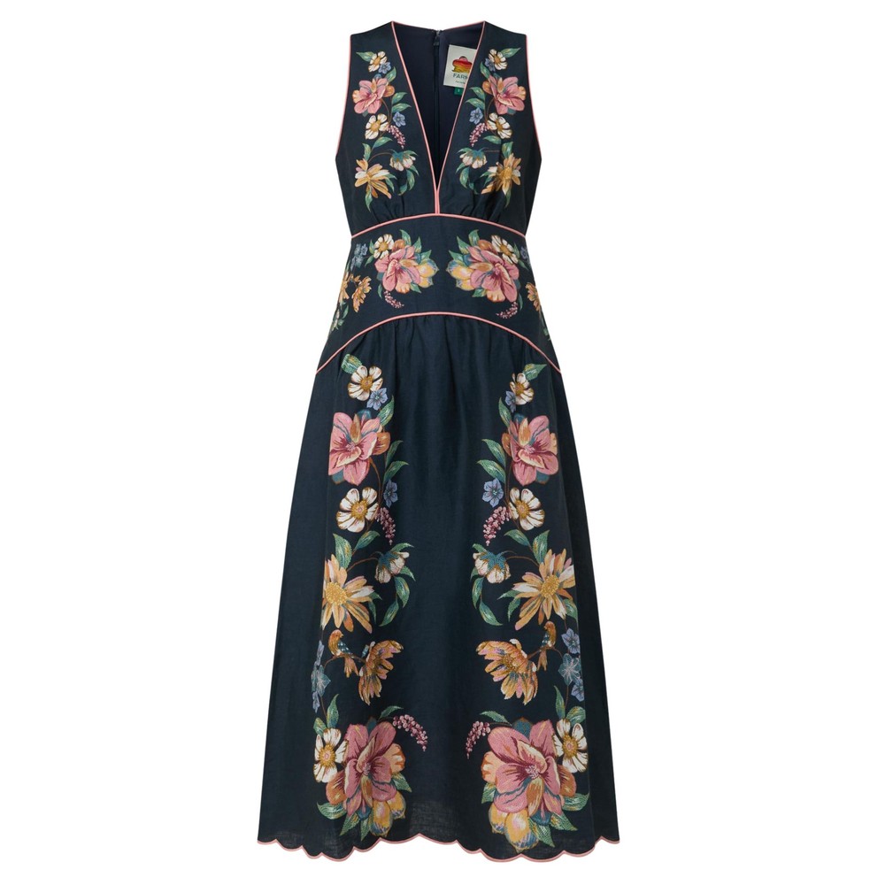 Farm Rio Women's Dark/Blue Maira Floral Sleeveless Linen Dress
