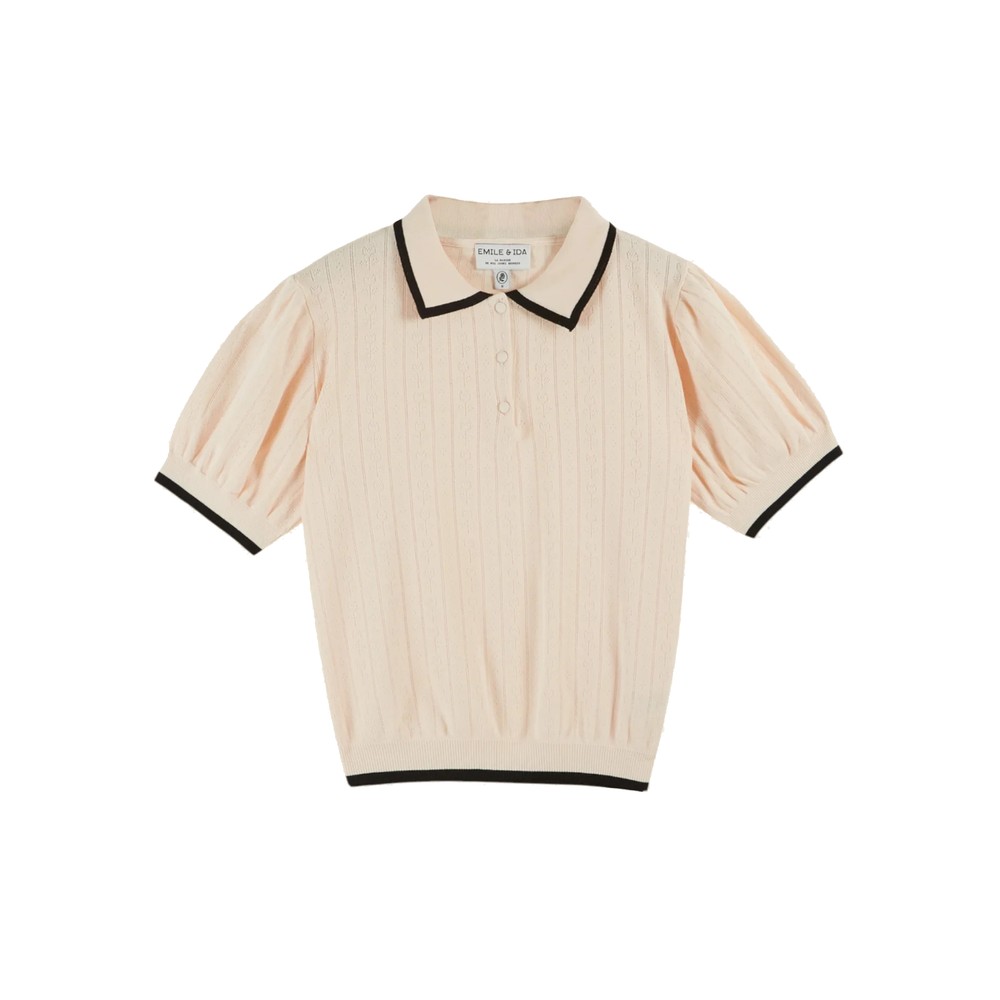 Emile Et Ida Women's Black/Cream Polo Pointelle Top - Creme
