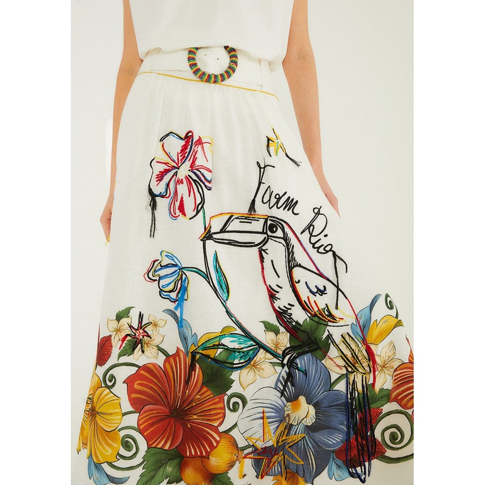 Farm Rio Women's White Tropi Embroidered Linen Maxi Skirt - Off