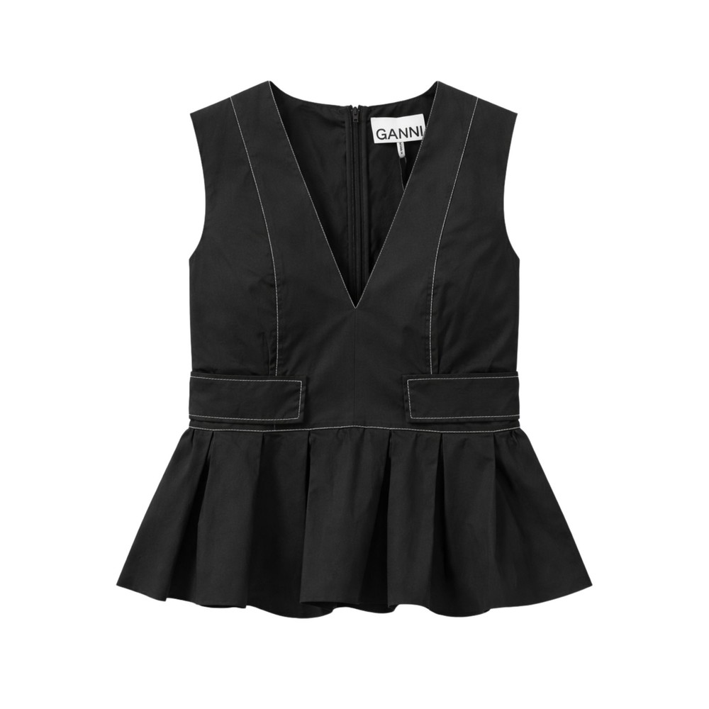 Ganni Women's Black V-Neck Cotton Pocket Blouse