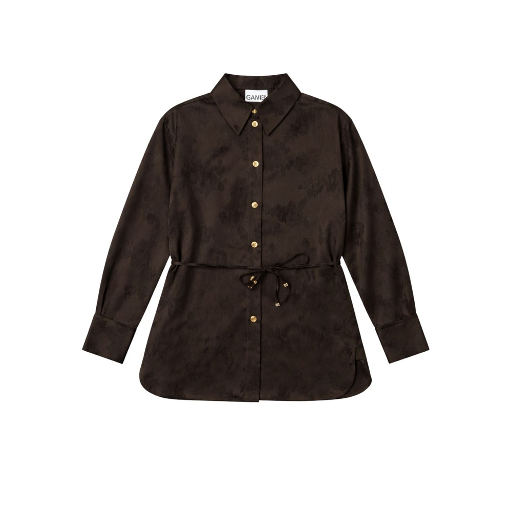 Ganni Women's Brown/Gold Satin Jacquard Shirt - Demitasse