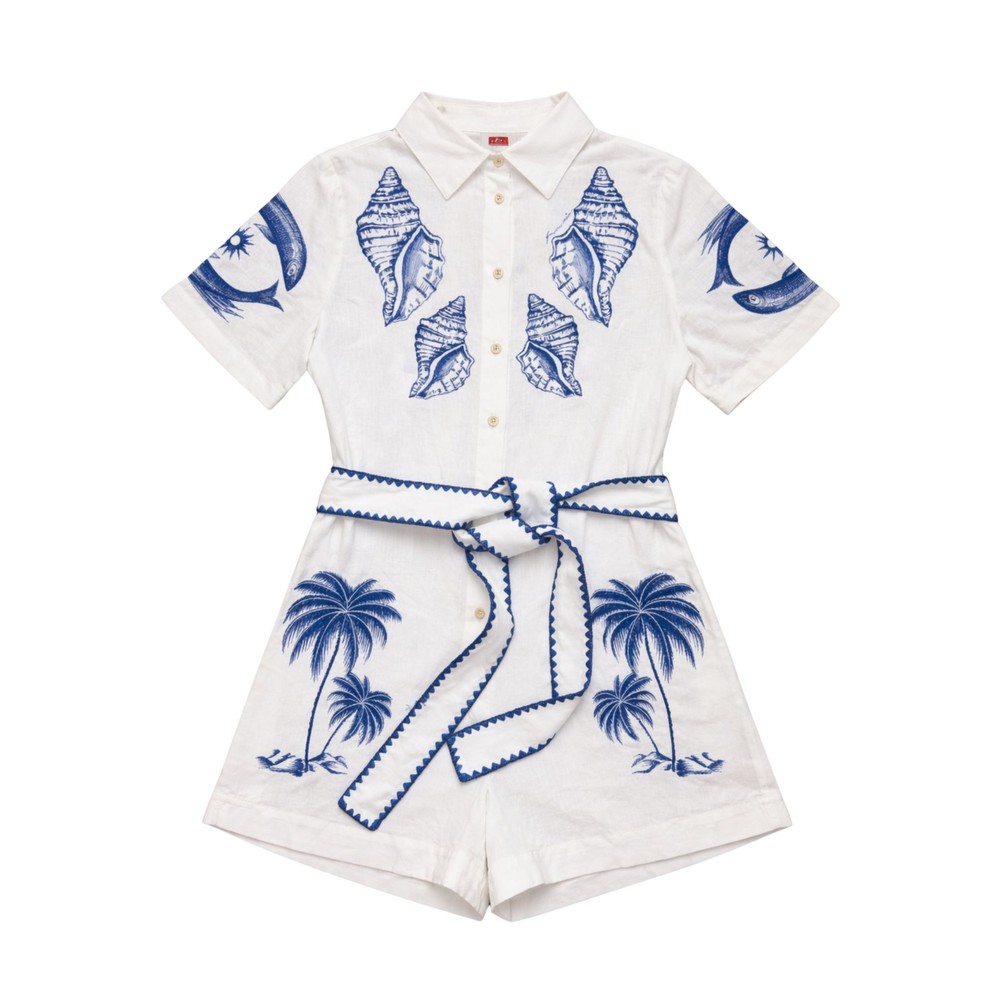 Farm Rio Women's White Brasil Vintage Linen Romper - Vintage