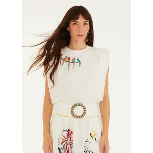 Birds on Branch Embroidered Cotton Tank Top - Off White