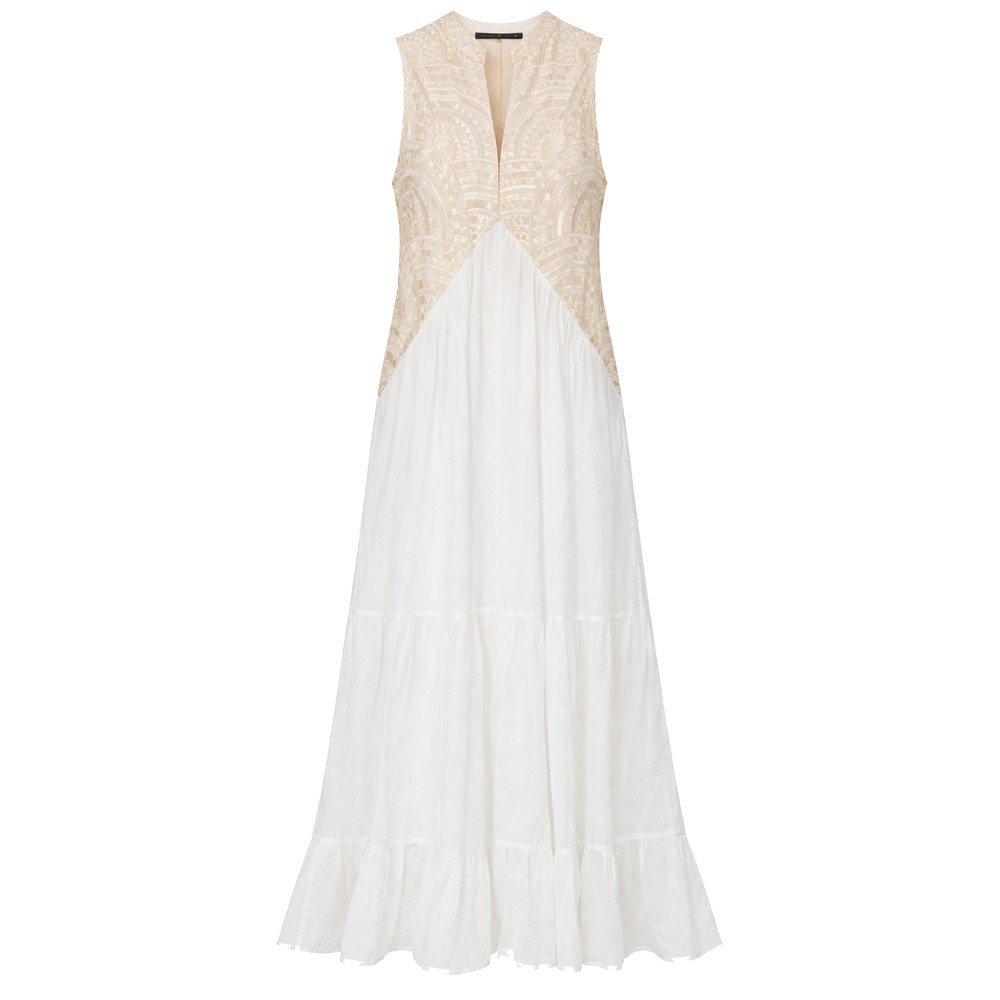 GREEK ARCHAIC KORI Sleeveless Embroidered Maxi Dress - White & Champagne